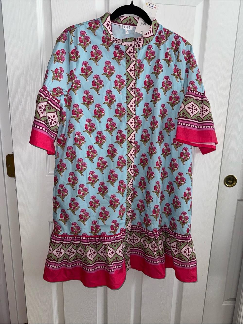 TCEC Pink Floral Print Tunic Dress on Light Blue